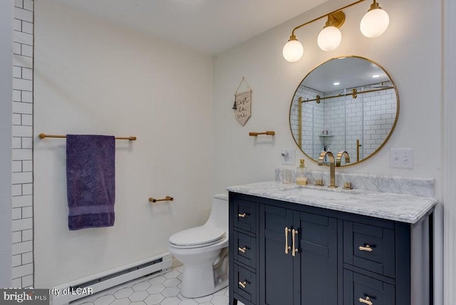 279 Apache Dr, Shickshinny, PA 18655 - bathroom with a baseboard radiator, vanity, toilet, tile patterned floors, and a shower with shower door