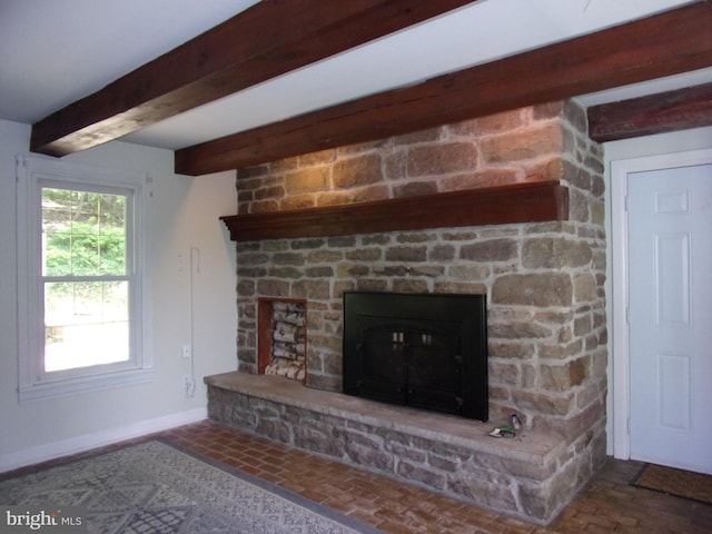 142 Fawn Rd, Reedsville, PA 17084 - detailed view of a fireplace, beamed ceiling, and baseboards