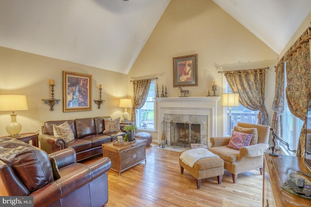 7857 Holly Branch Dr, Laurel, DE 19956 - living area with light wood-type flooring, high vaulted ceiling, and a stone fireplace