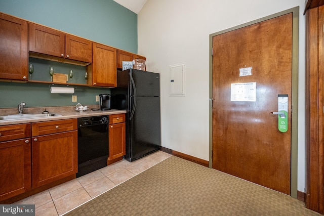 531 Glendale Rd Unit B302, Oakland, MD 21550 - kitchen with black appliances, a sink, brown cabinetry, high vaulted ceiling, and light tile patterned floors
