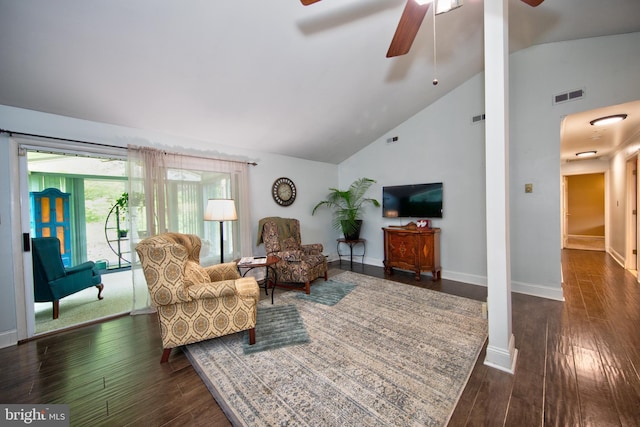 419 Breslin Rd, Joppa, MD 21085 - living room with ceiling fan, dark wood-style floors, arched walkways, high vaulted ceiling, and baseboards