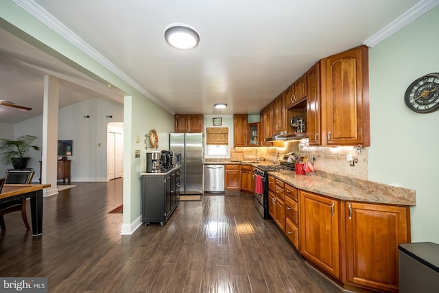 419 Breslin Rd, Joppa, MD 21085 - kitchen with stainless steel appliances, brown cabinets, light stone countertops, backsplash, and ornamental molding