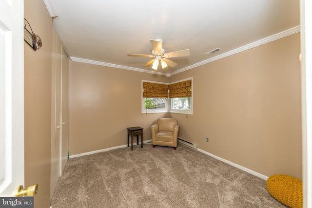 419 Breslin Rd, Joppa, MD 21085 - unfurnished room featuring baseboard heating, ornamental molding, a ceiling fan, carpet flooring, and baseboards
