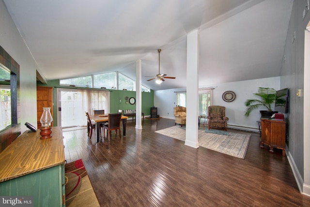 419 Breslin Rd, Joppa, MD 21085 - living room featuring baseboard heating, lofted ceiling, dark wood-style floors, ceiling fan, and healthy amount of natural light