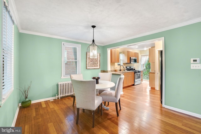 7906 Garland Ave, Takoma Park, MD 20912 - dining space with radiator, baseboards, light wood-type flooring, and crown molding