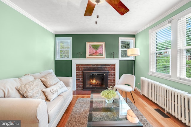 7906 Garland Ave, Takoma Park, MD 20912 - living room featuring radiator heating unit, ceiling fan, wood finished floors, a brick fireplace, and ornamental molding