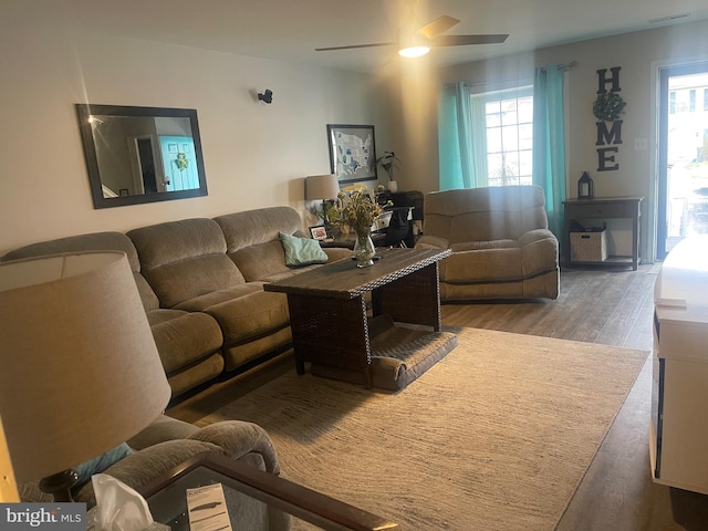 27 Holcumb Ct, Baltimore, MD 21220 - living area featuring wood finished floors, ceiling fan, and plenty of natural light
