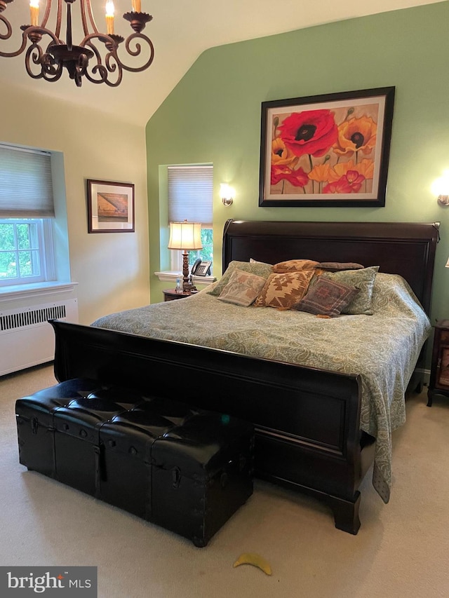 1431 Wheatsheaf Ln, Abington, PA 19001 - bedroom with carpet flooring, a chandelier, vaulted ceiling, and radiator