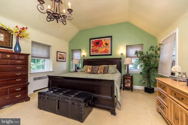 1431 Wheatsheaf Ln, Abington, PA 19001 - bedroom featuring a chandelier, radiator, light colored carpet, and vaulted ceiling