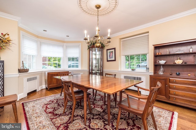 1431 Wheatsheaf Ln, Abington, PA 19001 - dining room featuring radiator heating unit, a chandelier, ornamental molding, and light wood-style flooring