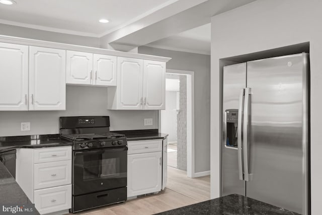213 Redwood St, Harrisburg, PA 17109 - kitchen featuring stainless steel fridge with ice dispenser, black range with gas stovetop, light wood-style flooring, white cabinets, and ornamental molding