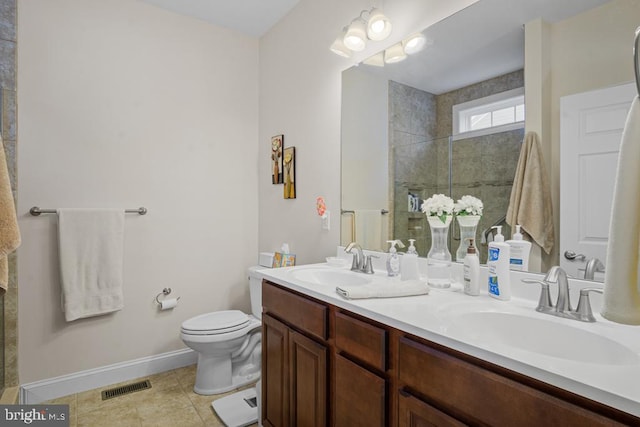 26360 Timbercreek Ln, Millsboro, DE 19966 - full bathroom with baseboards, double vanity, toilet, tile patterned floors, and tiled shower