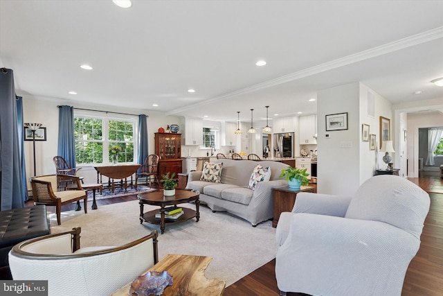 309 Conestoga Rd, Wayne, PA 19087 - living area with recessed lighting, wood finished floors, and crown molding