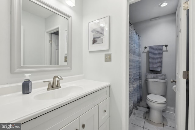 9410 Carleigh Ct, Owings, MD 20736 - bathroom with toilet, vanity, marble finish flooring, and a shower with shower curtain