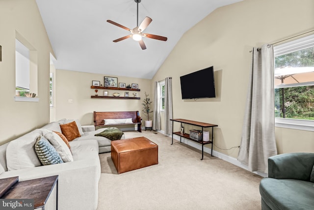 4047 Holly Way, Doylestown, PA 18902 - living area with a ceiling fan, light colored carpet, baseboards, and high vaulted ceiling