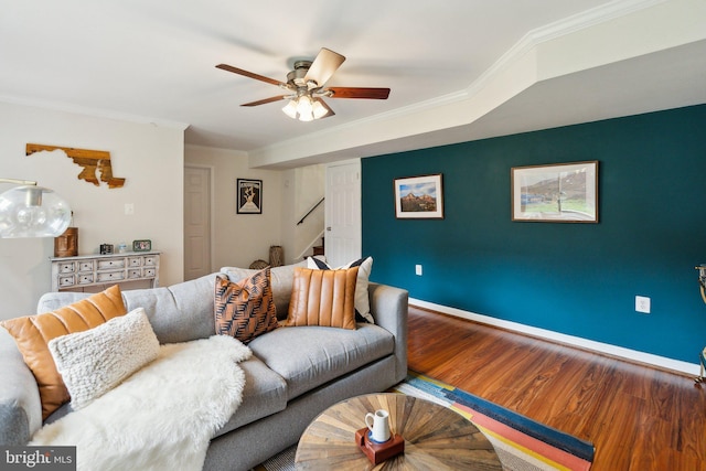 9212 E Parkhill Dr, Bethesda, MD 20814 - living room with crown molding, wood finished floors, stairway, a ceiling fan, and baseboards