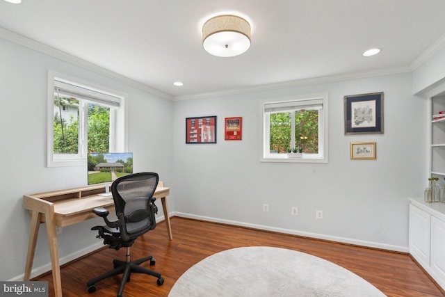 9212 E Parkhill Dr, Bethesda, MD 20814 - office area featuring healthy amount of natural light, wood finished floors, crown molding, baseboards, and recessed lighting