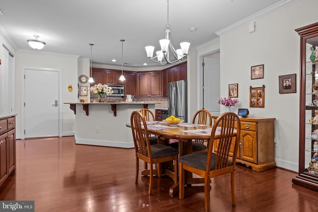 5328 Meridian Blvd, Warrington, PA 18976 - dining area with a chandelier, ornamental molding, dark wood-style floors, baseboards, and recessed lighting