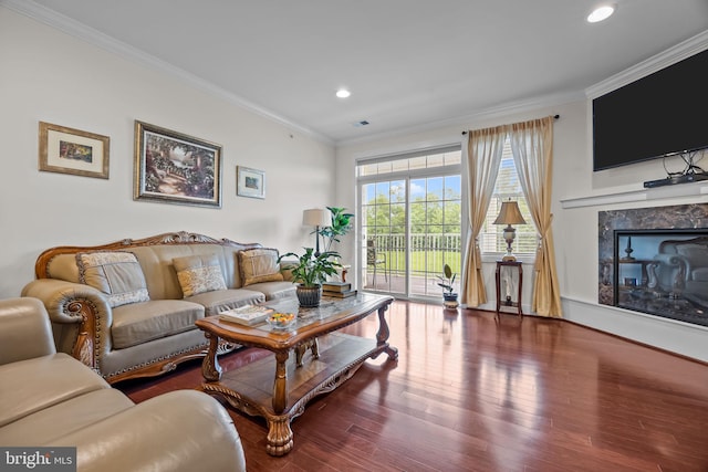 5328 Meridian Blvd, Warrington, PA 18976 - living area featuring ornamental molding, wood finished floors, recessed lighting, and a premium fireplace