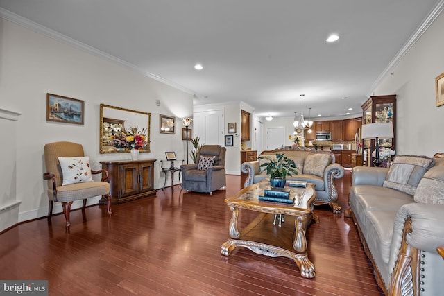 5328 Meridian Blvd, Warrington, PA 18976 - living room featuring recessed lighting, crown molding, a chandelier, and wood finished floors