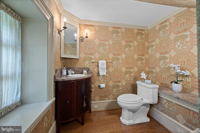 601 Maplewood Rd, Wayne, PA 19087 - half bath featuring vanity, toilet, ornamental molding, wood finished floors, and wallpapered walls