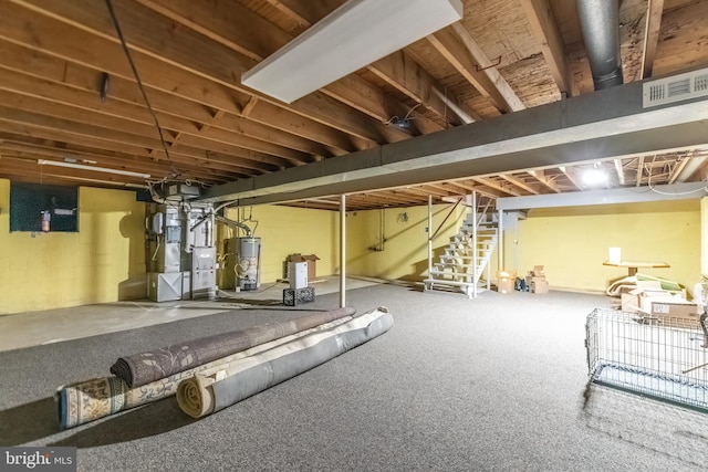 26 Hillcroft Rd, Berlin, NJ 08009 - unfinished basement featuring water heater, carpet, stairway, and heating unit