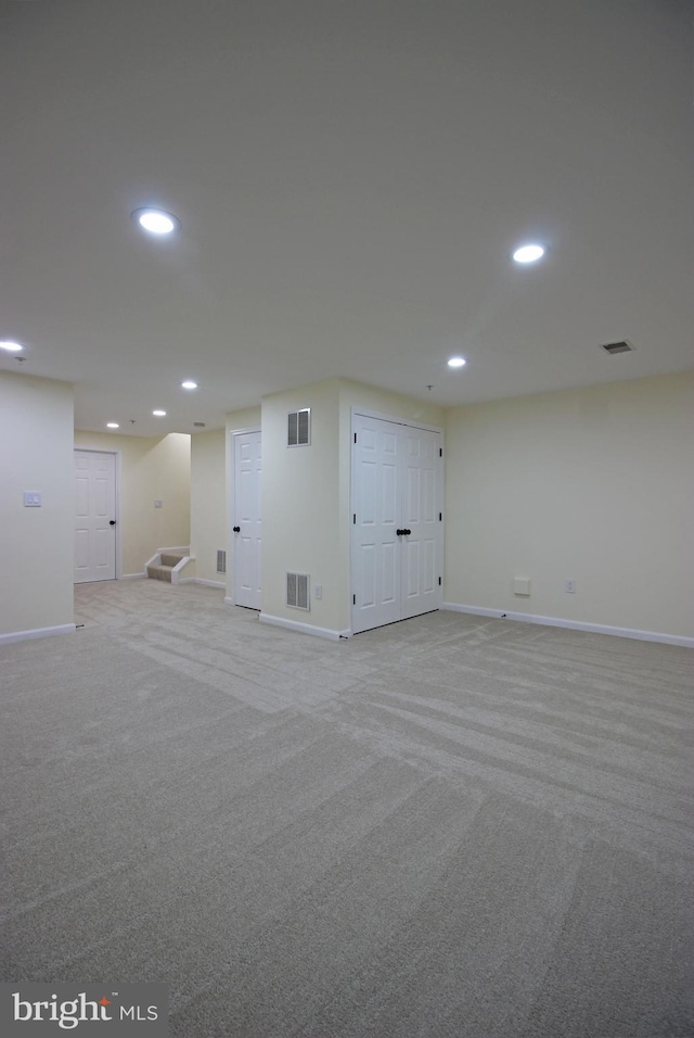 3655 Islington St, Frederick, MD 21704 - basement with baseboards, recessed lighting, light carpet, and stairs