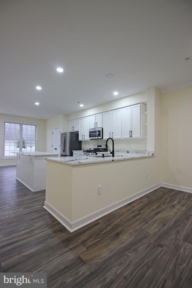 3655 Islington St, Frederick, MD 21704 - kitchen with stainless steel appliances, a peninsula, open shelves, dark wood-style floors, and recessed lighting