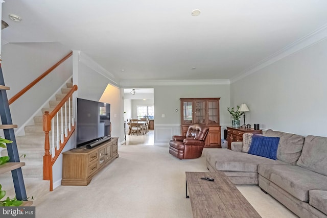 222 Hawks View Sq SE, Leesburg, VA 20175 - living room with light carpet, stairway, crown molding, and wainscoting