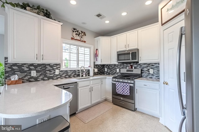222 Hawks View Sq SE, Leesburg, VA 20175 - kitchen featuring stainless steel appliances, a sink, a peninsula, white cabinetry, and decorative backsplash