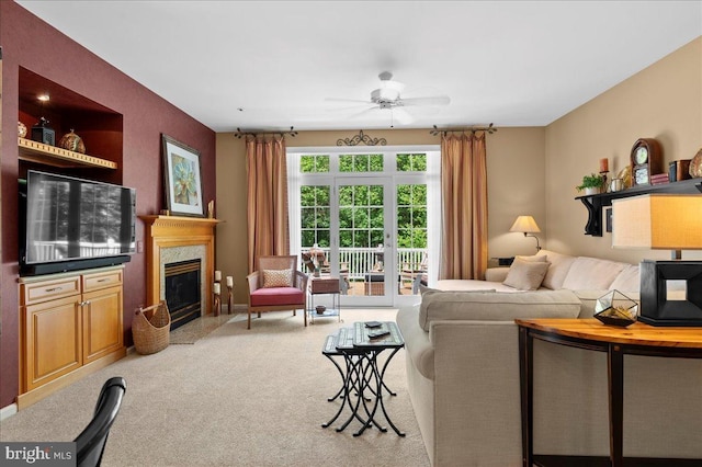 111 Brookline Ct, Avondale, PA 19311 - living area featuring carpet, ceiling fan, and a fireplace