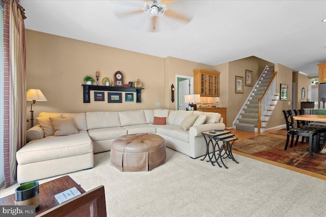 111 Brookline Ct, Avondale, PA 19311 - carpeted living area with ceiling fan and stairway