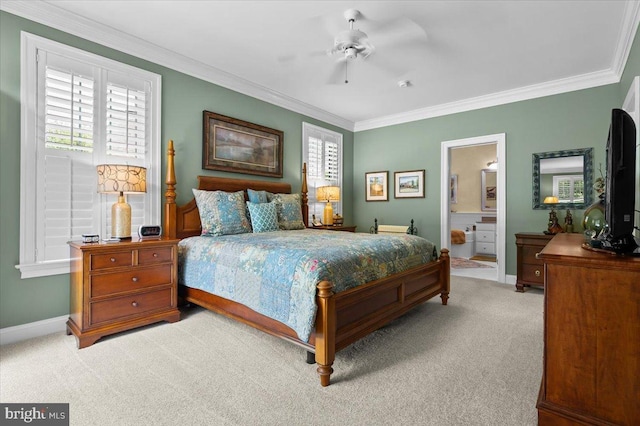 111 Brookline Ct, Avondale, PA 19311 - bedroom featuring ornamental molding, light colored carpet, baseboards, a ceiling fan, and ensuite bathroom