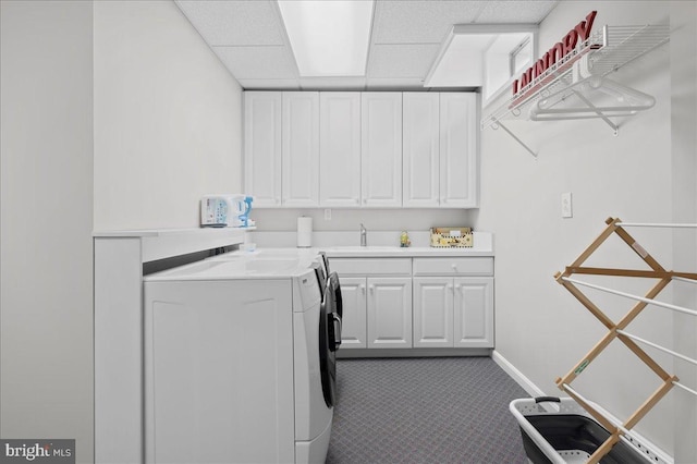 111 Brookline Ct, Avondale, PA 19311 - laundry area with independent washer and dryer, cabinet space, dark carpet, and baseboards