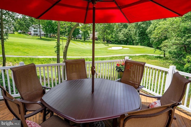111 Brookline Ct, Avondale, PA 19311 - wooden terrace with outdoor dining space, a yard, and golf course view