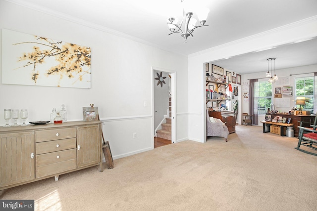 550 Long Meadow Dr, Fredericksburg, VA 22406 - sitting room featuring light carpet, stairs, a chandelier, and crown molding