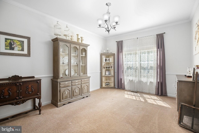 550 Long Meadow Dr, Fredericksburg, VA 22406 - living area with a chandelier, light colored carpet, and crown molding