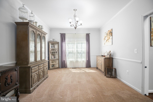 550 Long Meadow Dr, Fredericksburg, VA 22406 - dining area with a chandelier, light carpet, and ornamental molding