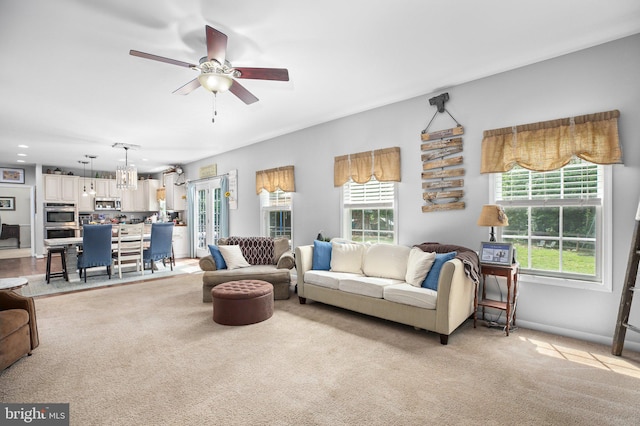 550 Long Meadow Dr, Fredericksburg, VA 22406 - living room with light carpet, ceiling fan, and recessed lighting