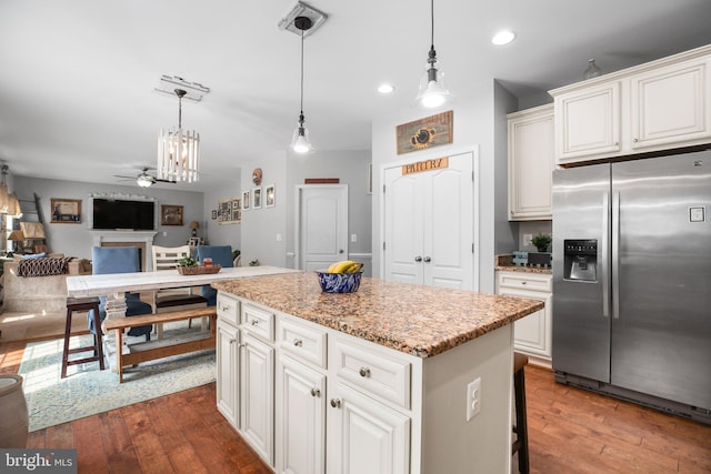 550 Long Meadow Dr, Fredericksburg, VA 22406 - kitchen with stainless steel refrigerator with ice dispenser, a ceiling fan, hardwood / wood-style flooring, a kitchen island, and open floor plan