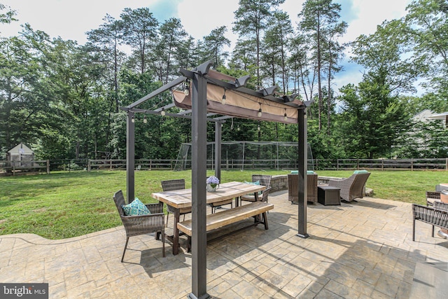 550 Long Meadow Dr, Fredericksburg, VA 22406 - fenced backyard with outdoor dining space, a fire pit, a pergola, a patio area, and view of scattered trees