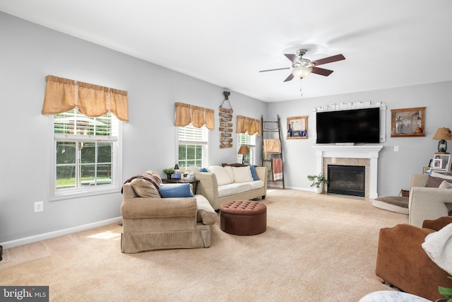 550 Long Meadow Dr, Fredericksburg, VA 22406 - living room featuring ceiling fan, carpet floors, and a fireplace with flush hearth