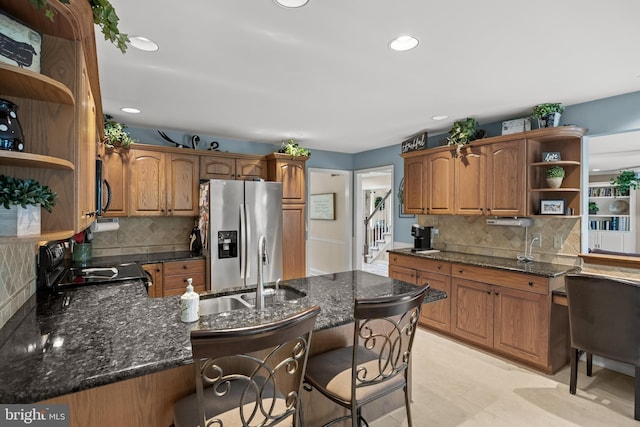 4 False Heather Way, Medford, NJ 08055 - kitchen featuring open shelves, black appliances, decorative backsplash, and recessed lighting
