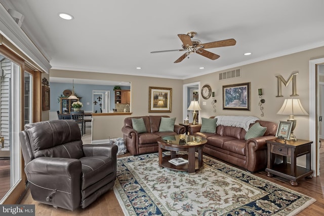 4 False Heather Way, Medford, NJ 08055 - living area with ceiling fan, wood finished floors, recessed lighting, and crown molding