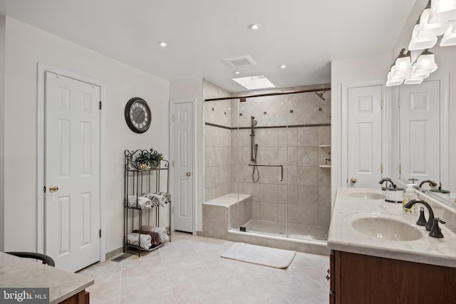 4 False Heather Way, Medford, NJ 08055 - full bathroom with double vanity, a shower stall, tile patterned floors, and recessed lighting
