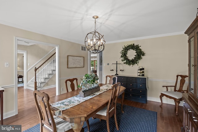 4 False Heather Way, Medford, NJ 08055 - dining space with a chandelier, stairs, dark wood-style flooring, ornamental molding, and baseboards