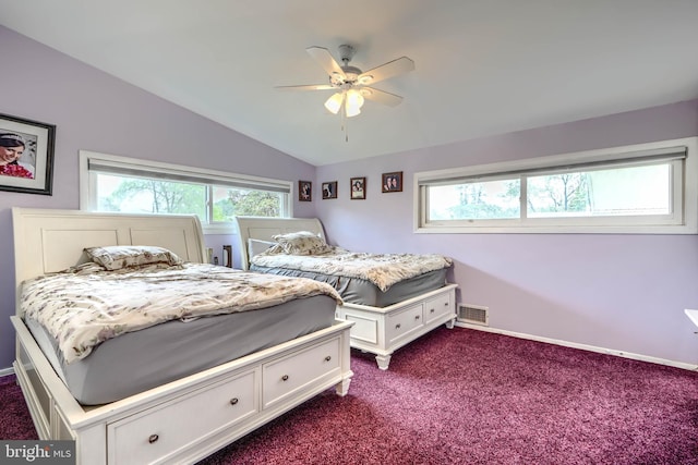 2409 Lightfoot Dr, Baltimore, MD 21209 - bedroom featuring vaulted ceiling, dark carpet, multiple windows, and baseboards