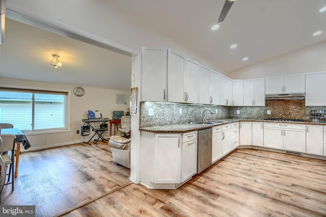 2409 Lightfoot Dr, Baltimore, MD 21209 - kitchen with under cabinet range hood, a sink, vaulted ceiling, light wood-type flooring, and backsplash