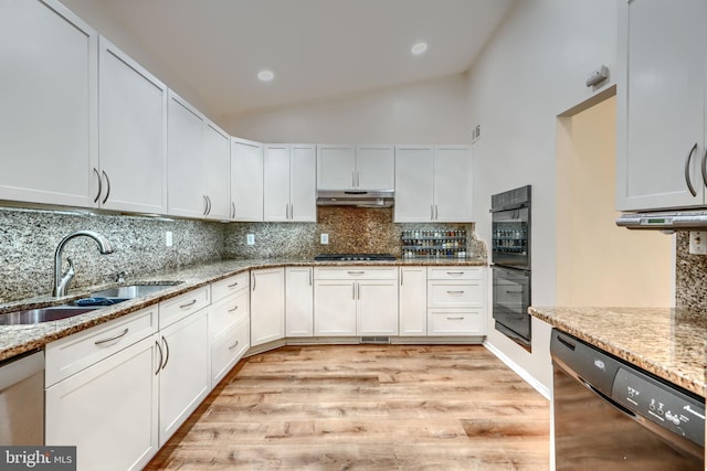2409 Lightfoot Dr, Baltimore, MD 21209 - kitchen with black appliances, a sink, backsplash, light wood-style flooring, and under cabinet range hood