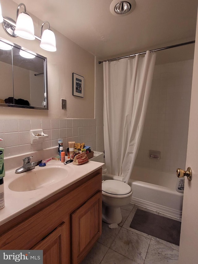 224 W Rittenhouse Sq Unit 2701, Philadelphia, PA 19103 - bathroom with vanity, shower / tub combo with curtain, tile patterned floors, and tile walls